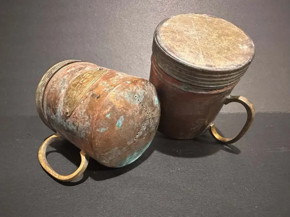 Vintage Square Egg Press Maker and Rustic Copper Salt & Pepper Shakers Set